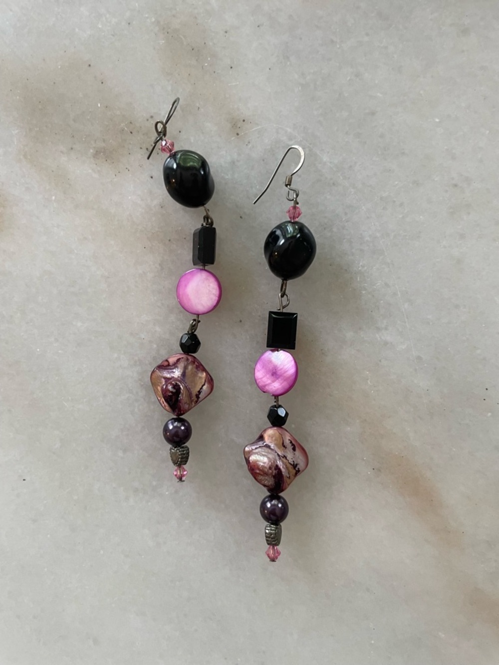 Handcrafted Pink and Black Bead Drop Earrings